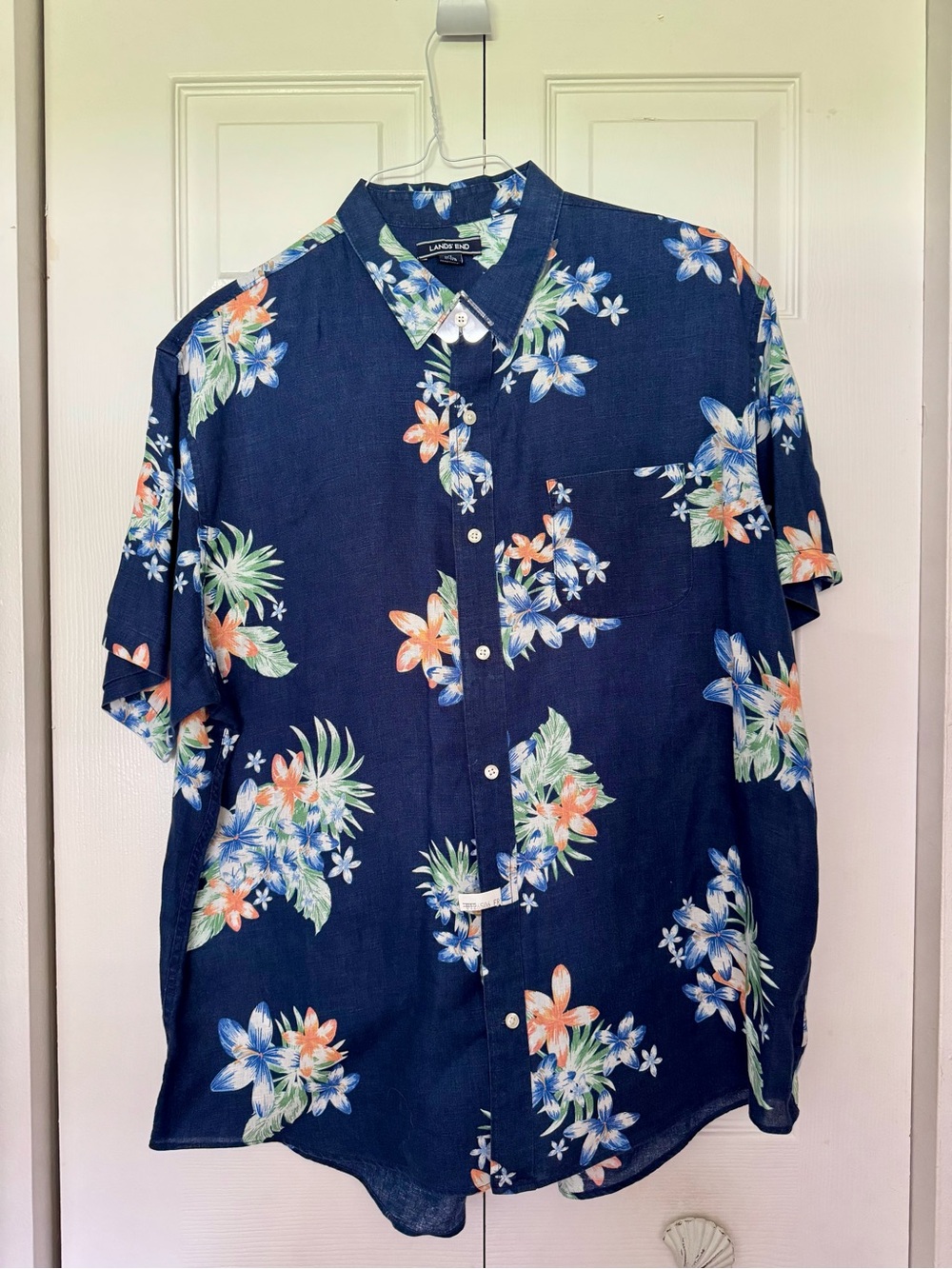 Lands' End Navy Blue Floral Short-Sleeve Button-Down